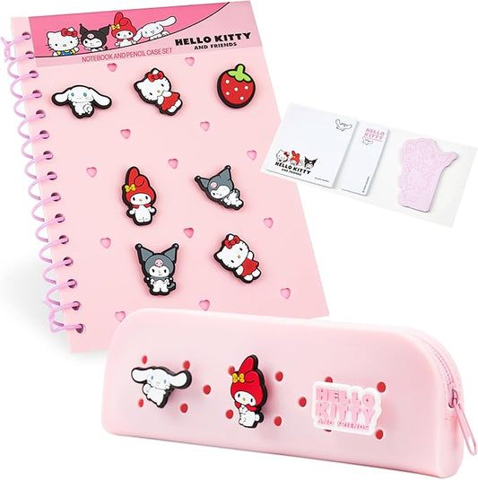Hello Kitty A5 Customizable Notebook and Zipped Pencil Case, Kawaii Stationery Set with Character Chibi Pins Sticky Notes, Anime Gifts for Kids