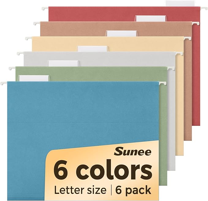 SUNEE Hanging File Folders Retro Colors, 6 Pack Letter Size File Folders with 1/5-cut Tabs, Stay Organized for Your Home and Office Bulk File and Documents