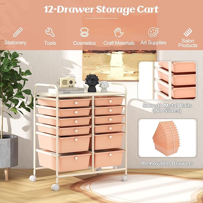 COSTWAY 12-Drawer Rolling Storage Cart, Moveable Art Craft Organizer W/Lockable Wheels, Metal Shelf, Files Arrangement Tools Makeup Storage Cart for Office, Home, School, Peach