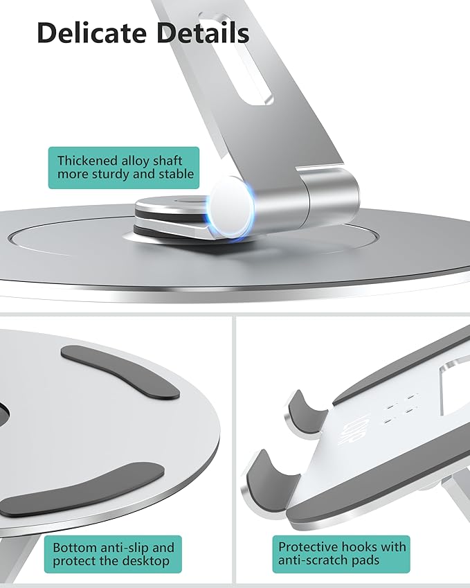 Laptop Stand with Phone Holder, Adjustable Laptop Stand, Aluminum Computer Mount Holder, Ergonomics Laptop Riser for Desk, Fits MacBook, up to 17.3" All Notebooks Silver