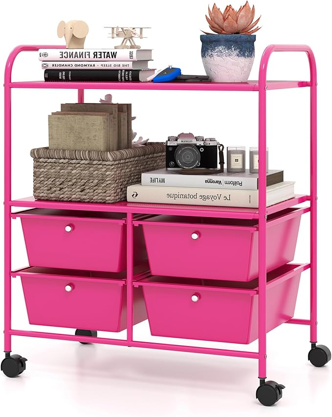 COSTWAY 4-Drawer Storage Cart, Mobile Storage Organizer w/Steel Frame & 360° Wheels, 4-Drawer Utility Cart for Living Room, Kitchen, Bathroom & Office, Hot Pink