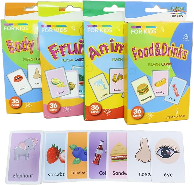 Flash Cards for Toddlers, Educational Learning Set of 144, Body Animal Food Fruit Cards, Ages 2-6, Montessori Preschool Learning Toys for Kindergarten (Orange, Pocket-Size)