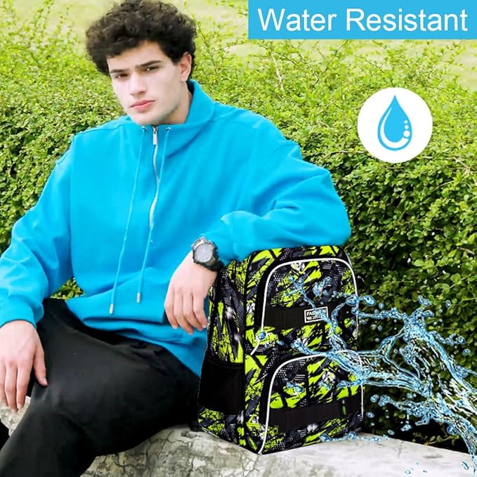 3PCS Bookbag for Boys, 17" Water Resistant School Bag with Lunch Box, Cute School Bag Set for College Teenagers High Middle Elementary - Graffiti Green