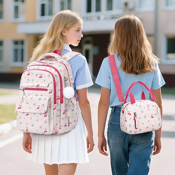 Bevalsa Backpack for Gilrs, 3PCS Corduroy Kids Backpack Set with Lunch Box & Pencil Pouch, Bookbag Daypack Laptop Bag for Women Teens Elementary Middle High School