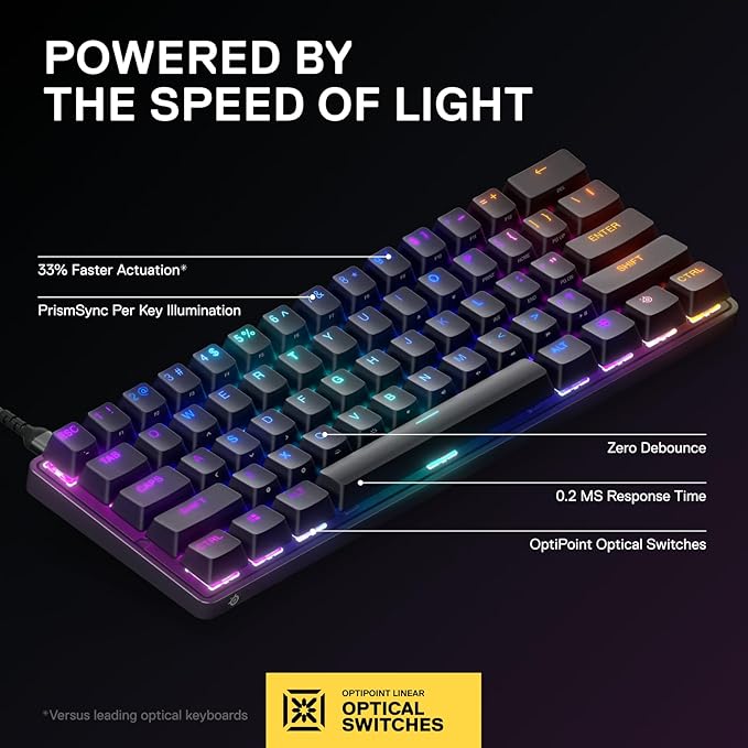 SteelSeries New Apex 9 Mini – HotSwap Optical Mini Keyboard – 60% Compact Design – Optical Switches – RGB Customization – Aluminum Alloy Frame – Double Shot PBT Keycap