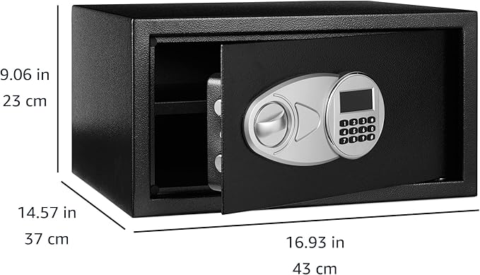 Amazon Basics Steel Security Safe and Lock Box with Programmable Electronic Keypad, for Valuables, Cash, Jewelry, Documents, Black, 1 Cubic Foot, 16.9-x-14.6-x-9.1-inches (WxDxH)