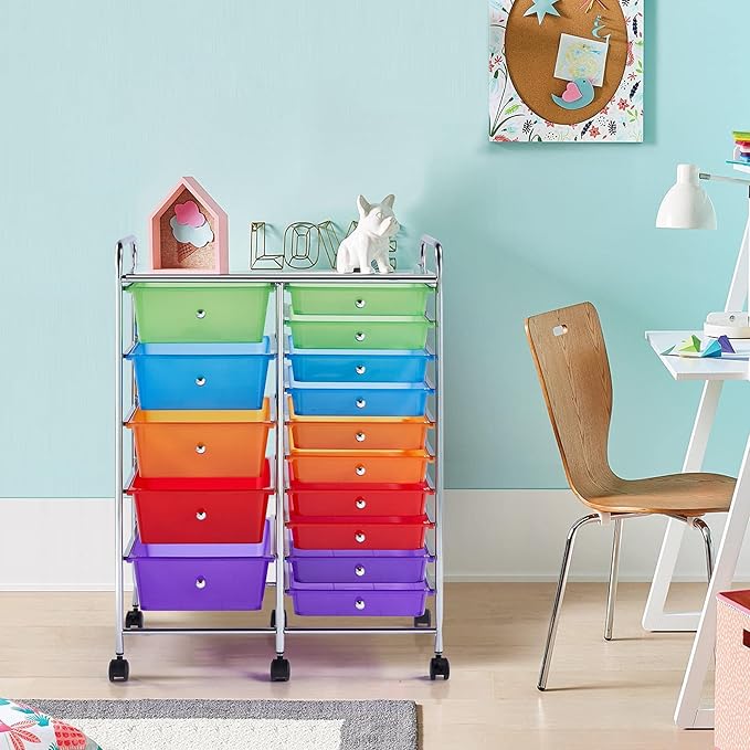 Yaheetech 15 Drawers Rolling Storage Cart Multipurpose Mobile Rolling Utility Storage Organizer Cart Tools Scrapbook Paper Organizer on Wheels, Multicolor