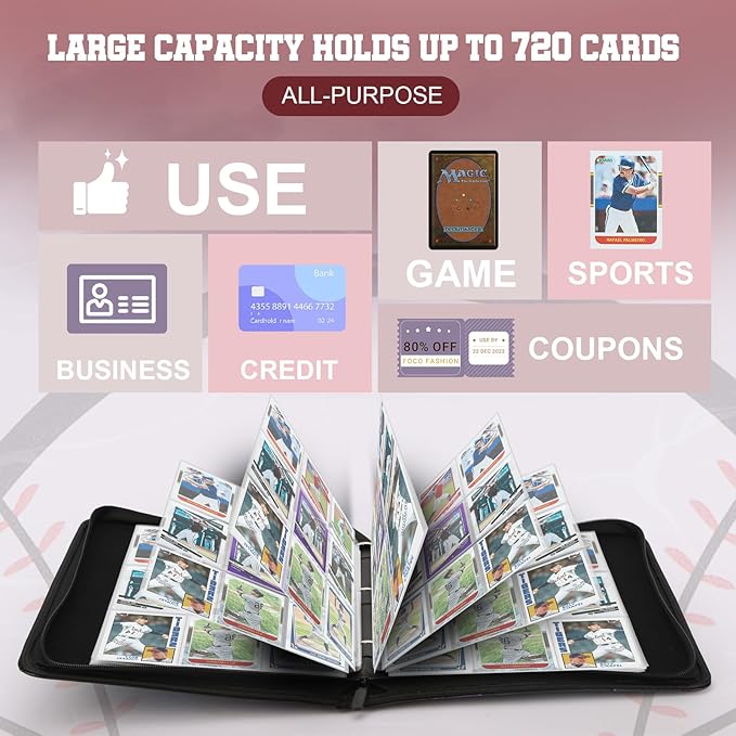 Trading Card Binder with Sleeves 9 Pocket Premium 720 Double Sided Pocket PU Card Collection Binder, Collectible Albums Card Folder for MTG, TCG, Sports Cards（9-White baseball）