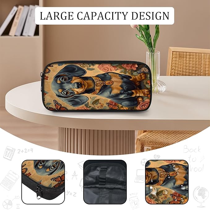 Cute Dachshund Backpack Set 3 Piece School Bags and Lunch Box with Pencil Case Funny Flower Dog Animal Bookbag Set for Toddler Kids Girls Boys Teens Kindergarten Elementary Middle