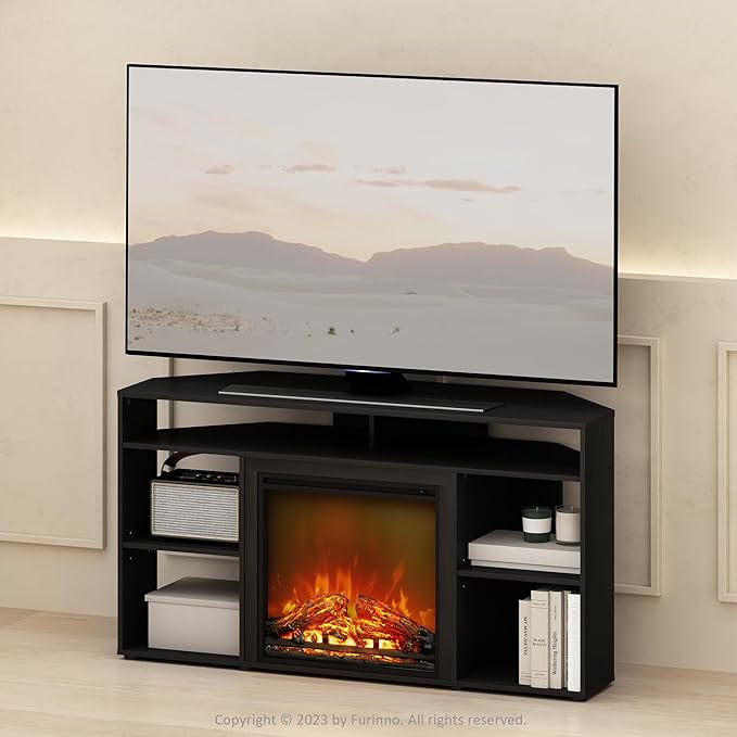 Furinno Jensen Fireplace TV Stand, NO Heat Decorative Electric Fireplace Corner TV Stand for TV up to 55 Inch, with 6 Open Shelves, for Living Room, Americano