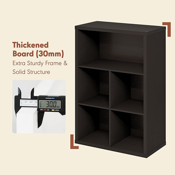 Furinno Cubicle Record Player Stand with Vinyl Storage, 5-Cube 1.2 Extra Thick Vinyl Record Storage, Open Back Media Shelf for CD DVD Blueray Game Disc, for Living Room, Home Office, Black Dark Oak