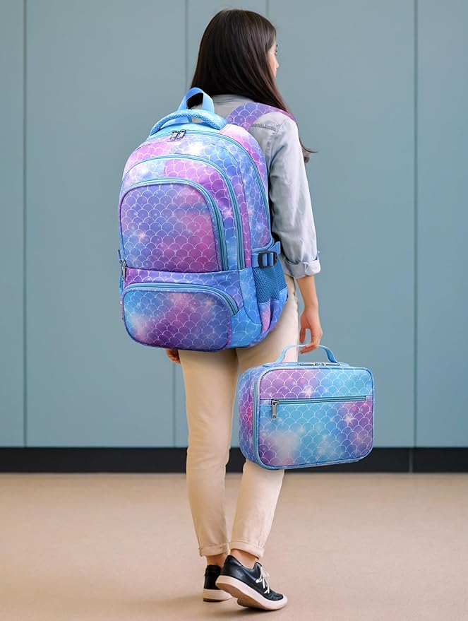 BLUEFAIRY Girls Mermaid Backpack Set with Lunch Box - Lightweight School Bookbag for Kids Aged 4-8