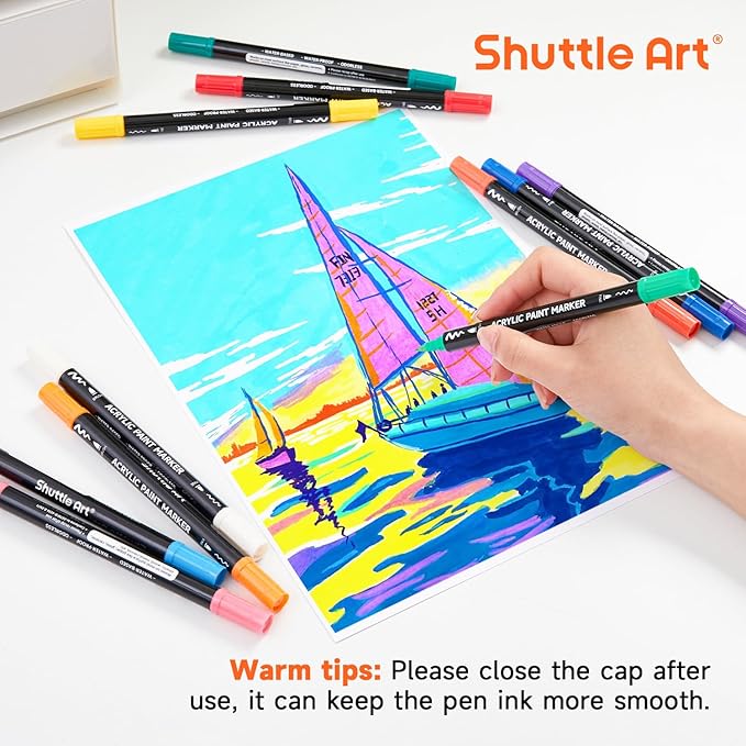 Shuttle Art 28 Colors Dual Tip Acrylic Paint Markers, Brush Tip and Fine Tip Acrylic Paint Pens for Rock, Ceramic, Wood, Canvas, Plastic, Glass, Stone, Calligraphy, Card Making, Crafts & Nail Art