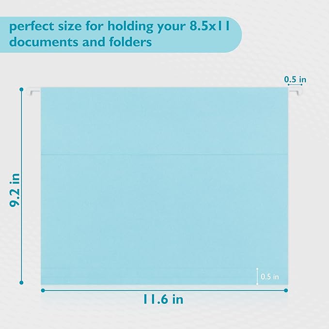 25 Packs Hanging File Folders,Light Blue Hanging File Folders Letter Size,Hanging Folders with 1/5-cut Tabs,Hanging Folders for Filing Cabinets, File Organizer Folder for Office,School,Home