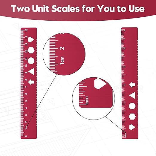 MSDADA Triangle Ruler, Protractor, Square and Ruler Set, 4 Pieces Aluminum Alloy Ruler, Metal Drafting Ruler Kit, Geometric Protractor for Student, School, Home, Office (Red, 15cm/5.9inch)
