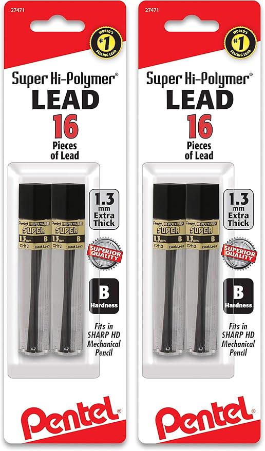 Pentel Super Hi-Polymer Lead Refill (1.3mm) B, 8Pcs/Tube, 2Pk,Red White (Pack of 2)