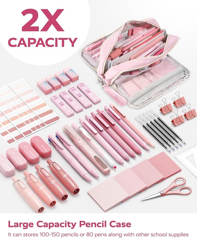 Four Candies Pink School Supplies with Case, Gel Pens with Black Ink, Correction Tapes, Pastel Highlighters, Mechanical Pencils, Sticky Notes, Index Post for Bible Study Stationary College Essentials