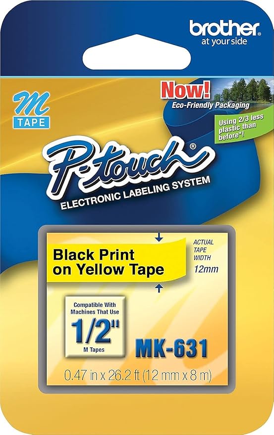 Brother Genuine P-touch M-K631 Label Tape 1/2" (0.47") Standard Laminated P-touch Tape, Black on Yellow Laminated for Indoor or Outdoor Use, Water Resistant, 26.2 Feet (8M), Single-Pack (MK631),Black/Yellow