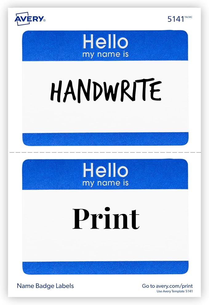 Avery Customizable Name Tags, Hello My Name is, White, Blue Border, Removable Adhesive, Laser/Inkjet Printable, 100 Total (5141)