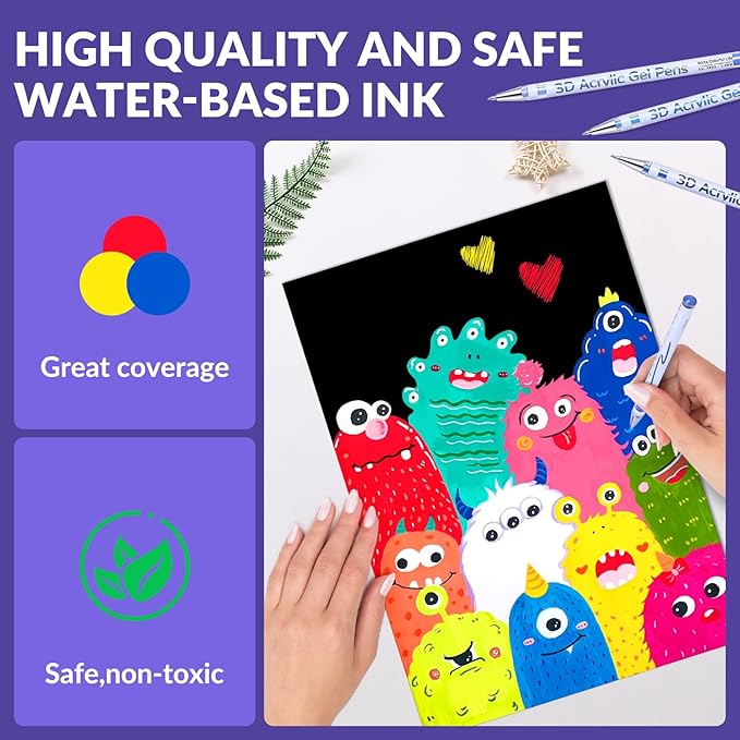 3D Acrylic Gel Pen,36 Colors Gel Pens With 1mm Bullet Tip Point, Acrylic Paint Pens for Black Paper,Rock Painting, Glass, Wood, Fabric,Cards,Scrapbook,DIY Art Crafts