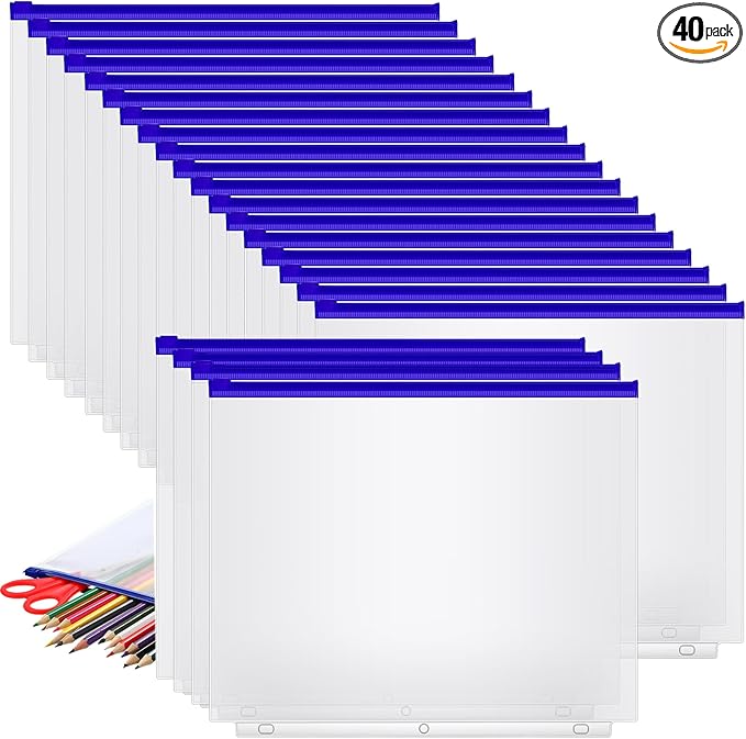 40 Pieces Binder Pockets 3 Hole Zipper Pouch 3 Ring A4 Pockets with Zipper Binder Folders Plastic Pouches Loose Leaf Bags Waterproof PVC Document Filing Bag(Blue,A4)
