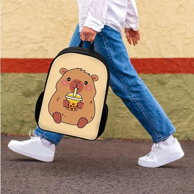 CLOHOMIN Cute Capybara Bookbag And Lunch Box Set for Girls Yellow Backpack with Lunch Bag for Kids 4th Grade Elementary/Primary School Bag Thermal Lunchbox Large Pencil Case, Set of 3
