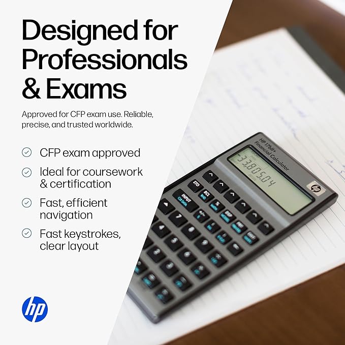 HP 17bII+ Financial Calculator – 250+ Professional Functions for Business, Finance & Accounting – RPN, Algebraic Entry, College Math Solver, 2-Line Display, 28KB Memory – Includes Case, Cleaning Cloth