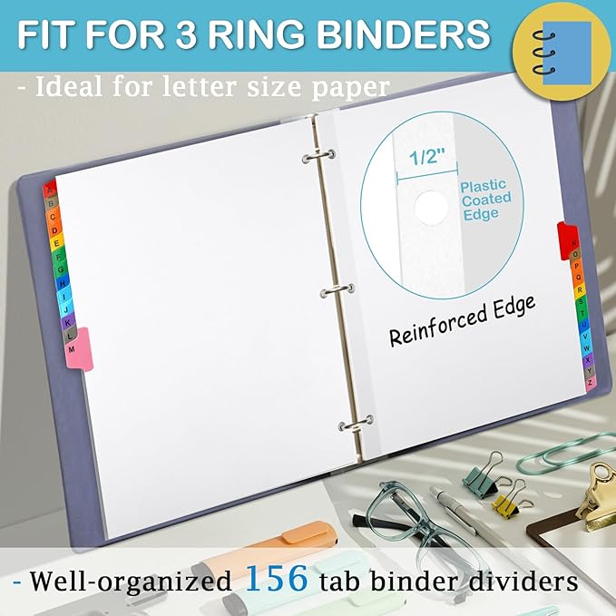 Alphabet Binder Dividers for 3 Ring Binder, COIDEA A-Z Dividers for 3 Ring Binder, Multicolor A-Z Binder Dividers with Customizable Table of Contents Page, ABC Alphabet Tabs for School Office (156)
