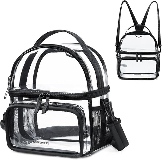BAGSMART Stadium Approved Clear Bag 12"x6"x12", Double Deck Lunch Box, Convertible to Backpack, Waterproof PVC, Black
