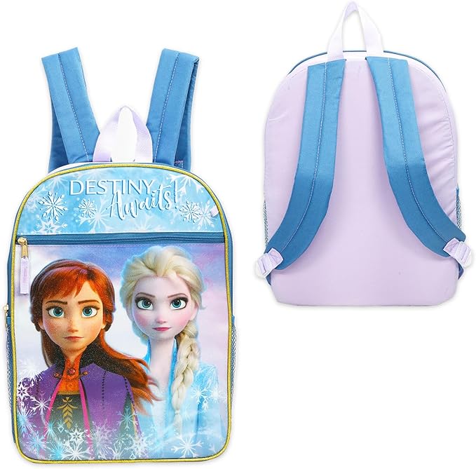Disney Frozen Backpack and Lunch Bag for Kids - Bundle with 16" Backpack, Lunch Box, Snack Bag, Stickers, More Frozen School Bag Set for Girls