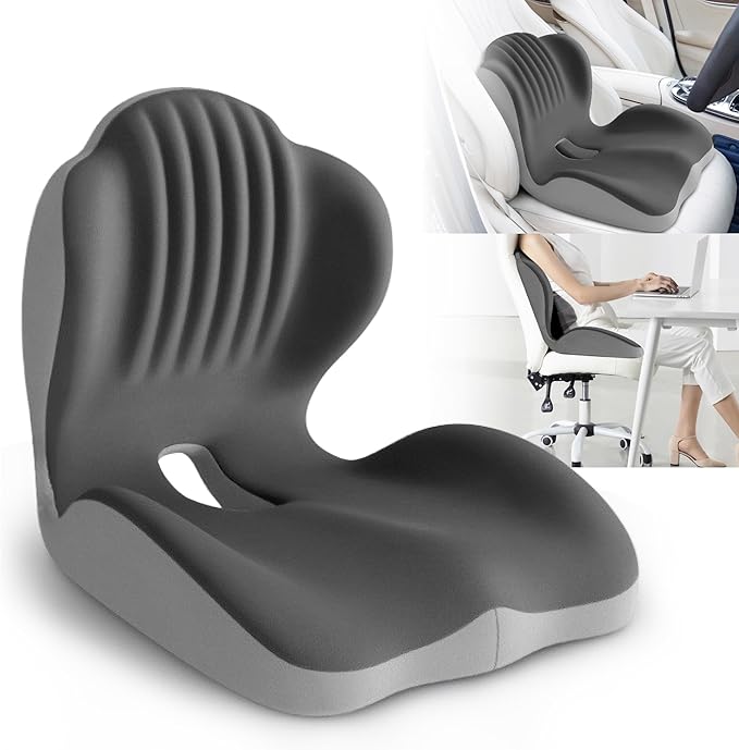 Ergonomic Waist Support and seat Cushion, 2-in-1 Memory Foam pad, Hollow Design for The Coccyx, Suitable for Office Chairs, car Safety Seats and Household use - relieves Lower Back and Hip Pain