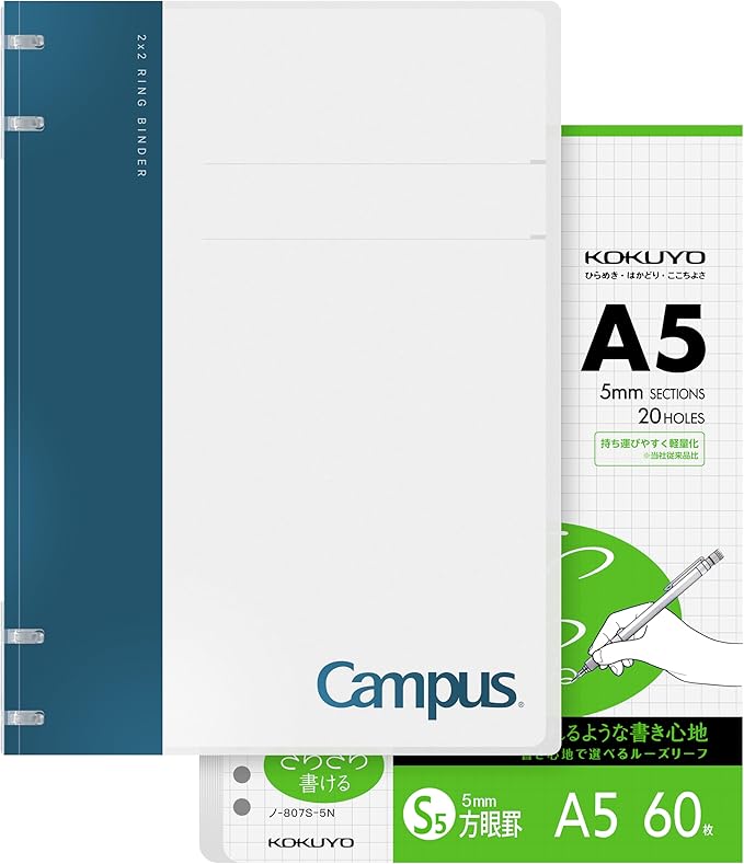 KOKUYO Campus 2x2 Spiral Binder Notebook Set, A5 Refillable Notebook + 60 Refill Papers with 5x5 Graph Ruled, 40 Sheet Capacity, Navy, Perfect for Work, Study & Journal, Japan Import