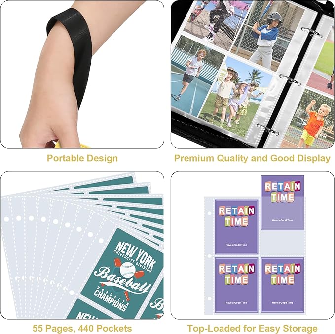 440 Pockets Trading Card Binder, PU Cover Zipper Card Collection Album, Sturdy Card Folder Holder for MTG, TCG, Game Cards, Sports Cards