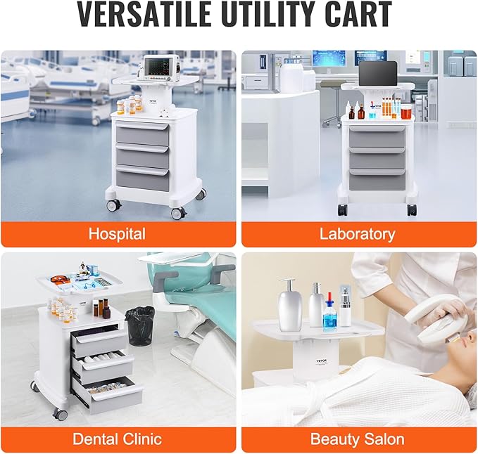 VEVOR 4 Tiers Lab Carts, Lab Utility Cart with 3 Drawers & 1 Top Tray, Mobile Medical Cart with ABS Material, Lab Rolling Cart with 4 Silent Wheels for Lab, Clinic, Hospital, Salon, White