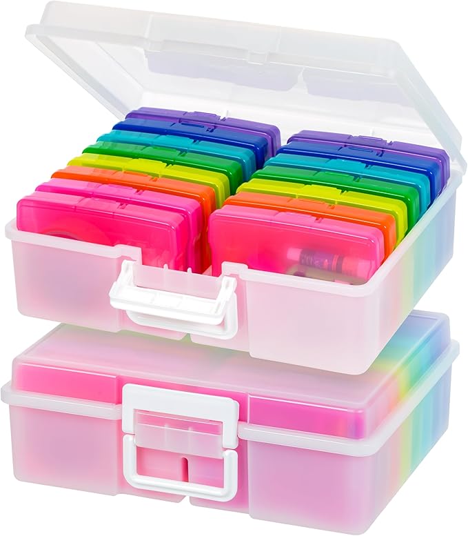 IRIS USA 4" x 6" Photo Storage Box Craft Keeper, 2-Pack, Discreet Handle Container with 16 Organization Holder Cases for Pictures, Tasks, Scrapbooking, Ephemera, Stationery Storage, Multi-Color/Pearl
