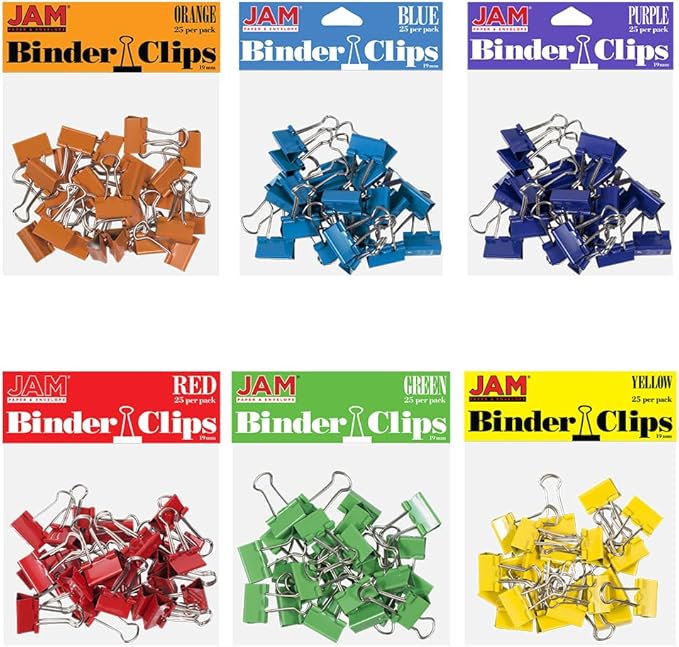 JAM PAPER Colorful Binder Clips Assortment - Small - 3/4 Inch (19 mm) - Assorted Rainbow Colors - 150 Binderclips/Pack
