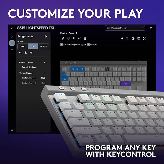 Logitech G515 Lightspeed TKL Low Profile Wireless Gaming Keyboard, LIGHTSYNC RGB, Thin Tenkeyless Design, PBT Keycaps, Tactile (Brown) Mechanical Switches - White
