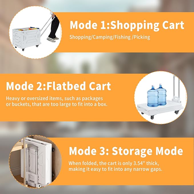 VECELO Foldable Shopping Cart with Wheels, Collapsible Rolling Crate for Groceries, Folding Storage Box with Handle, Three Modes of Use, Ideal for Teacher, Trip, Outdoors, Etc., 16GAL, White