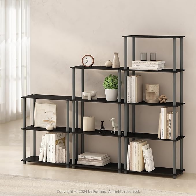 Furinno Turn-N-Tube Book Shelf, 3-Tier Bookshelf, Bookcase with Multipurpose Compact Display Rack, 11.6 x 23.6 x 29.6, for Living Room, Bedroom, Home Office, Black/Grey