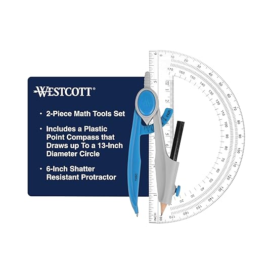 Westcott Compass and Protractor Math and Geometry Set, Essential School Supplies, Plastic Compass for Circles Up to 13-Inches, Back to School, Classroom, School Supplies, 6-Inch Protractor, Assorted Colors