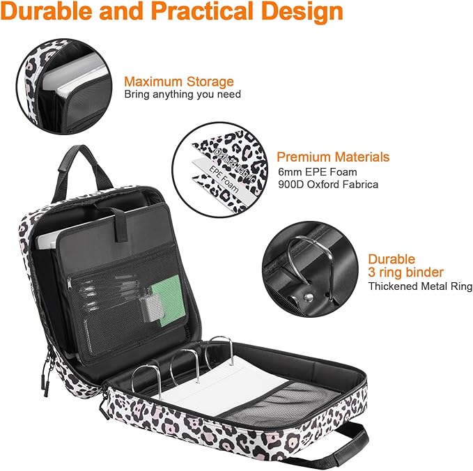 4 Inch 3 Ring Zipper Binder D-Ring, Binder with Strap 800 Sheet Capacity & Multi-Pockets School and Office Binder Organizer, Compatible with 13-Inch MacBook(Patent Design Leopard)