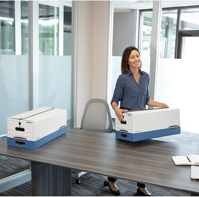 Bankers Box® Stor/File™ 60% Recycled Storage Boxes, String & Button, 24" x 12" x 10", Letter, White/Blue, Pack Of 3