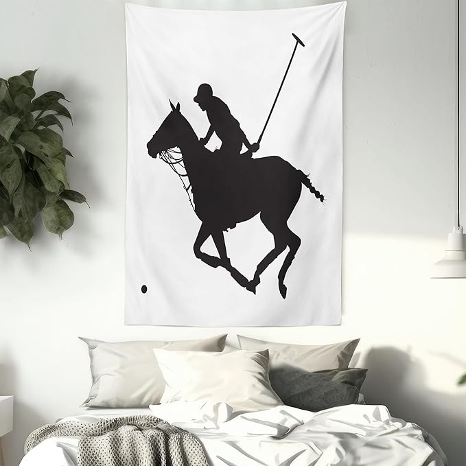 Ambesonne Sports Tapestry, Silhouette Illustration of Polo Player on a Horse Hitting a Ball Print, Fabric Wall Hanging Decor for Bedroom Living Room Dorm, 23" X 28", Charcoal Grey