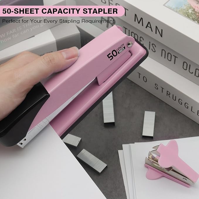 Metal Heavy Duty Stapler, 50 Sheet Capacity Stapler with 2000 Staples and Staple Remover, No Jam, Non-Slip Stapler for Desk, Pink Office Supplies for Teacher, Office Clerks