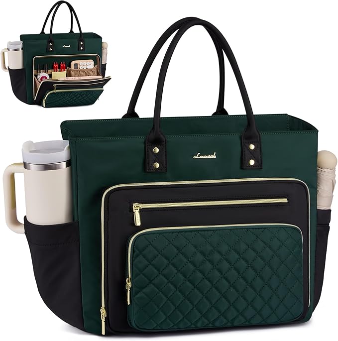 LOVEVOOK Laptop Tote Bag for Women, Work Bags Computer Laptop Bag, Teacher Tote Bag, Professional Briefcase Business Large Purses Handbag Gifts, Dark Green-Black, 17 Inch