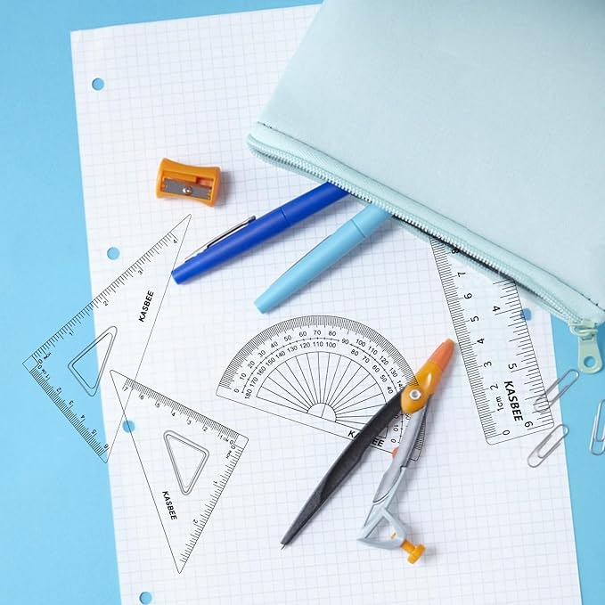 Geometry Set, 4PCS Geometry Kit for Students, Clear Protector, 6in Ruler, 2 Triangles, Metric and Imperial Scales