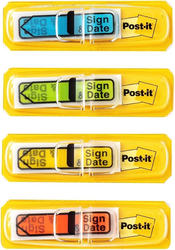 Post-it Message Flags, Sign and Date, 30/Dispenser, 4 Dispensers/Pack, .47 in Wide, Assorted Colors (684-SD) (2 Pack)