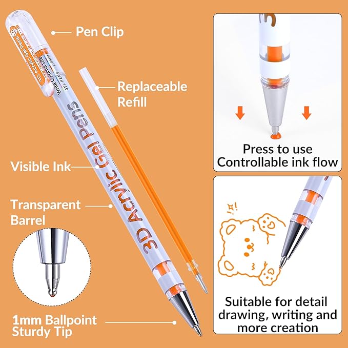 3D Acrylic Gel Pen,12 Colors Gel Pens With 1mm Bullet Tip Point, Acrylic Paint Pens for Black Paper,Rock Painting, Glass, Wood, Fabric,Cards,Scrapbook,DIY Art Crafts