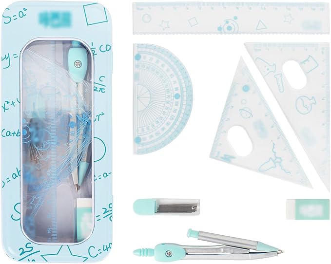 LABANCA 8 Pcs Compass Set with Protractor Rulers Pencil for Math Geometry (06970Blue)