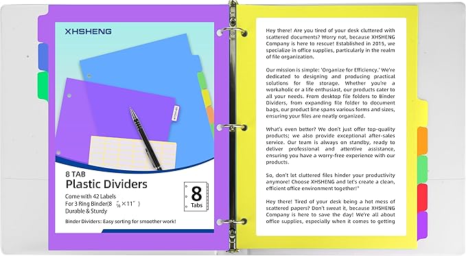 Dividers for 3 Ring Binders,5 TAB Binder Dividers,Plastic, Multicolor Binder separators with tabs，Colored 6 Sets